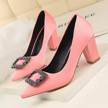 New Women Pumps Elegant Buckle Rhinestone Silk Satin High Heels Shoes Woman Sexy Pointed Toe Single Shoes OL Dress Party Shoes