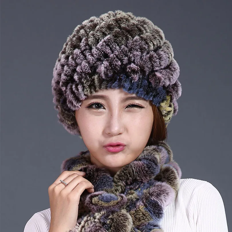 Rabbit Fur Hats For Women Winter 2016 New Fashion Natural Stripe Knitted Beanies Headwear Hats Caps Female Lady Genuine Fur Hat