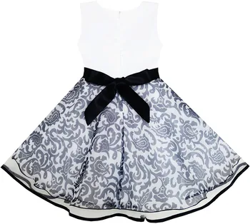 Sunny Fashion Girls Dress Sleeveless Tulle Paisley Pattern Pearl Bow Tie Stripe 2017 Summer Princess Wedding Party Size 4-10