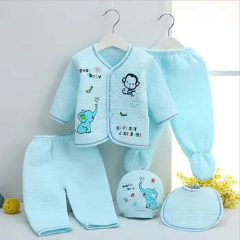 Blue Pink Yellow 5 Pieces Newborn Baby Clothing Set Infant Winter Thick Warm Clothes Suits Fashion Character Cotton Clothes