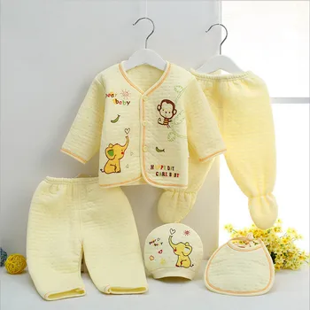 Blue Pink Yellow 5 Pieces Newborn Baby Clothing Set Infant Winter Thick Warm Clothes Suits Fashion Character Cotton Clothes