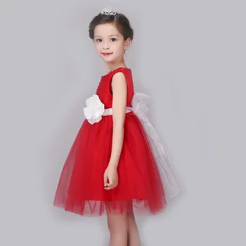 Korean Red Spring Summer Ball Gown O-neck Sleeveless Princess Festival Show Stage Bow Knot Flowers Lace Decor Formal Dress