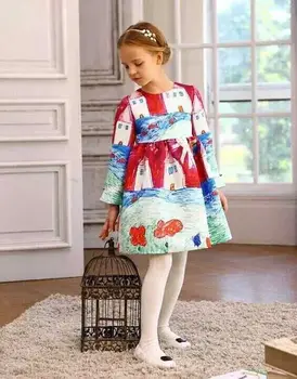 Winter Girls Dress Long Sleeve European Designer Kids Dresses Baby Girl Clothes Doodle Print Children Clothing
