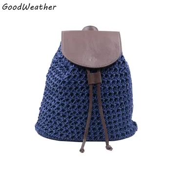 Vintage straw backpack designer hollow out woven drawstring laides bags small summer beach backpacks 4 colors mochilas feminina