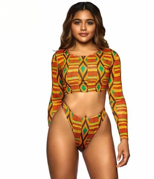 African Vintage Print Bikini Set Push Up Pad Swimwear Swimsuit Sexy Retro Women High Waist Bottoms Swim Long Sleeve Bathing Suit