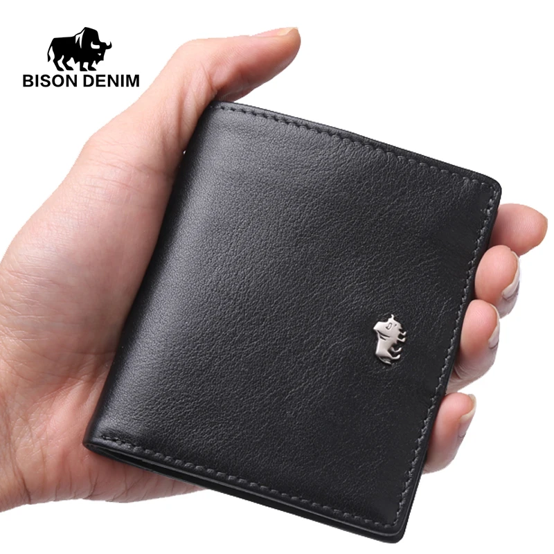 BISON DENIM Short Wallets For Men Genuine Leather Wallet Men Coin Pocket Card Holder Purse Mini Small Wallet Business gift