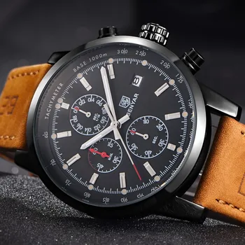 Mens Watches Top Brand Luxury BENYAR Men Military Sport Luminous Wristwatch Chronograph Leather Quartz Watch relogio masculino