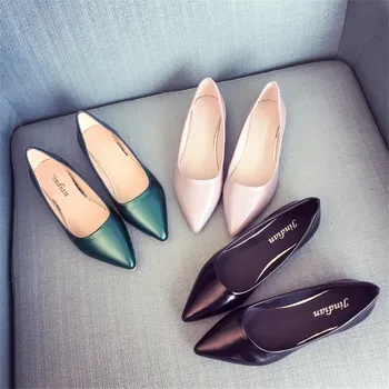 2016 spring and autumn career japanned leather single shoes sexy flat shallow mouth pointed toe flats black nude color