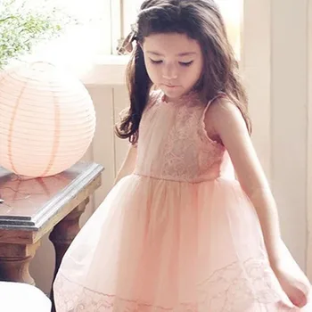 2016 Summer New Lace Vest Girl Dress Baby Girl Princess Dress 2-14 Age Chlidren Clothes Kids Party Costume Ball Gown Beige