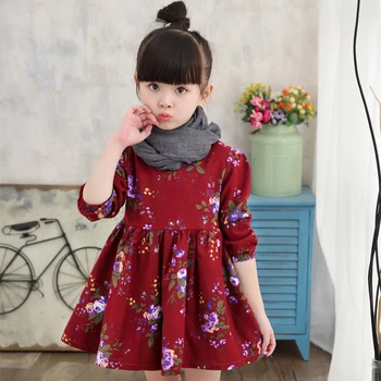 Warm Floral Printed Dress For Girls Thickening Plus Velvet Children Long Sleeve Kids Clothing Cute Winter Girl Dress Costume