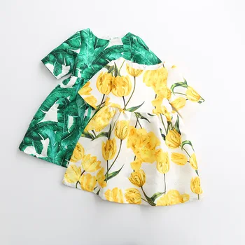 Retail 2016 summer Brand Girls Dresses Princess Costume Green&White Tropical Print Jewels Kids Dresses for Girls Clothes