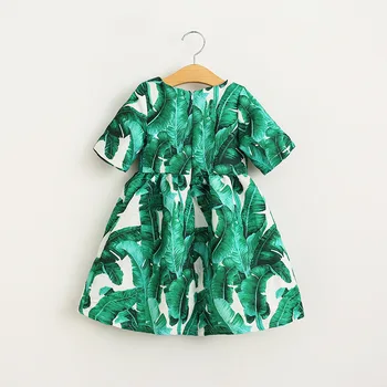 Retail 2016 summer Brand Girls Dresses Princess Costume Green&White Tropical Print Jewels Kids Dresses for Girls Clothes