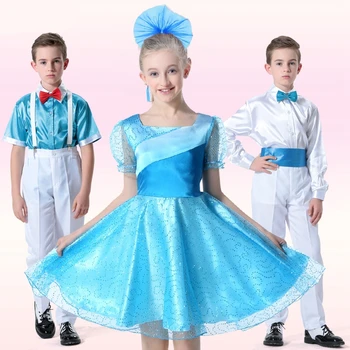 Bridal Design Girls Short Sleeve Dress Gorgeous Elegant Flower Children Pink/Blue Latin Dance Costume Kids Performance Wear