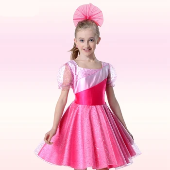 Bridal Design Girls Short Sleeve Dress Gorgeous Elegant Flower Children Pink/Blue Latin Dance Costume Kids Performance Wear