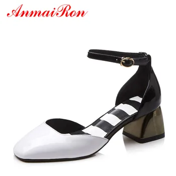 ANMAIRON Summer Mixed Colors Cover Heels Strappy Sandals Women Leather Chunky High Heels White Shoes Woman Yellow Ladies Sandals