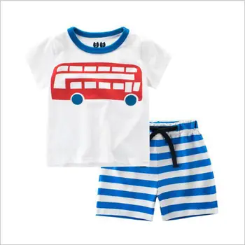 Baby Set 2017 Boys Clothing Sets Cotton Summer Traffic Plane Ship Bus Printing T-shirt+Striped Pants Babysuit