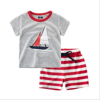 Baby Set 2017 Boys Clothing Sets Cotton Summer Traffic Plane Ship Bus Printing T-shirt+Striped Pants Babysuit