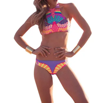 Sexy Women High neck cropped top swimsuit junior Bikini Brazilian Retro Print Biquini Bodycon Padded Halter Swimming Suit