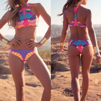 Sexy Women High neck cropped top swimsuit junior Bikini Brazilian Retro Print Biquini Bodycon Padded Halter Swimming Suit