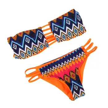 2017 New Sexy Summer Bandeau Top Push Up Geometric Print Bikini Set Brazilian Swimwear Strapless Bra Padded Beach Bath Suits