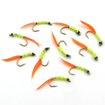 MNFT 10Pcs/Pack 12# Yellow Body Orange Feather Tail Nymph Trout Fishing Mayfly Baits