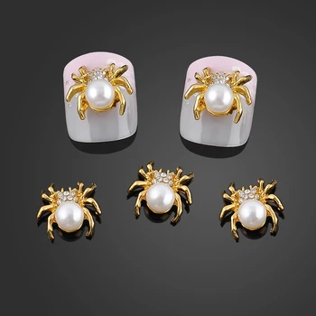 New Glitter Gold Spider 3d Nail Charms Jewelry DIY Pearl Alloy Nail Art Decorations Nails Tools Stickers