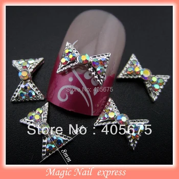New glitter 6*8mm AB rhinestones 3D bows nail art decoration silver bow alloy nail jewelry charms 10pcs/lot