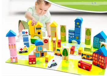 Colorful children early educated 62Pcs wood City Traffic blocks set.kids color recognized wood toy