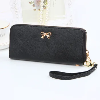 Fashion Women Bowknot Plaid Long Double Zip Clutch Leather Wallet Purse Coin Card Bag  PT0058