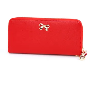 Fashion Women Bowknot Plaid Long Double Zip Clutch Leather Wallet Purse Coin Card Bag  PT0058