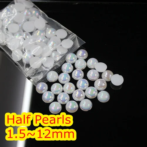 Jelly Pure White AB Color 1.5mm~12mm All Size Choice Flat back ABS round Half Pearl beads, imitation plastic half pearl beads