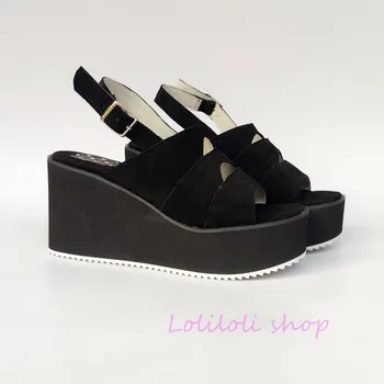 Princess sweet lolita shoes loliloli yoyo Japanese design custom large-size black cow suede buckle strap wedges sandals 7546