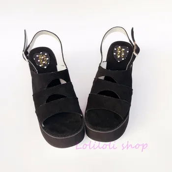 Princess sweet lolita shoes loliloli yoyo Japanese design custom large-size black cow suede buckle strap wedges sandals 7546
