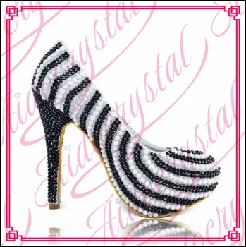 Aidocrystal White and Black Crystal Pearl Deco Round Toe 14cm High Heels Women Shoes Pumps High Heeled Lady Shoes