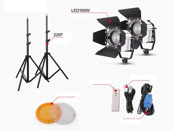 Wireless Remote Control Dimmable Bi-color 2pcs LED150W LED Studio Fresnel spot Light +3pcs Light Stand+Carry Bag+Flag Reflector