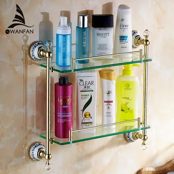 Bathroom Accessories Solid Brass Golden Finish With Tempered Glass,Crystal Double Glass Shelf Bathroom Shelf 6314