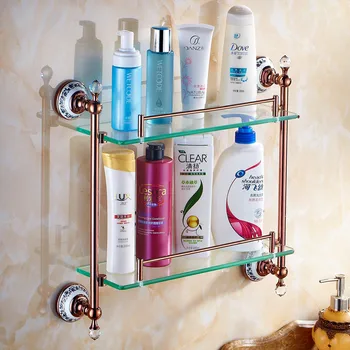 Bathroom Accessories Solid Brass Golden Finish With Tempered Glass,Crystal Double Glass Shelf Bathroom Shelf 6314