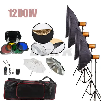 GODOX 1200W Studio Photography Strobe Light Kit +4PCS Flash Strobe+4PCS Softbox+4PCS Light Stand+Carry Bag+Reflector+Umbrella