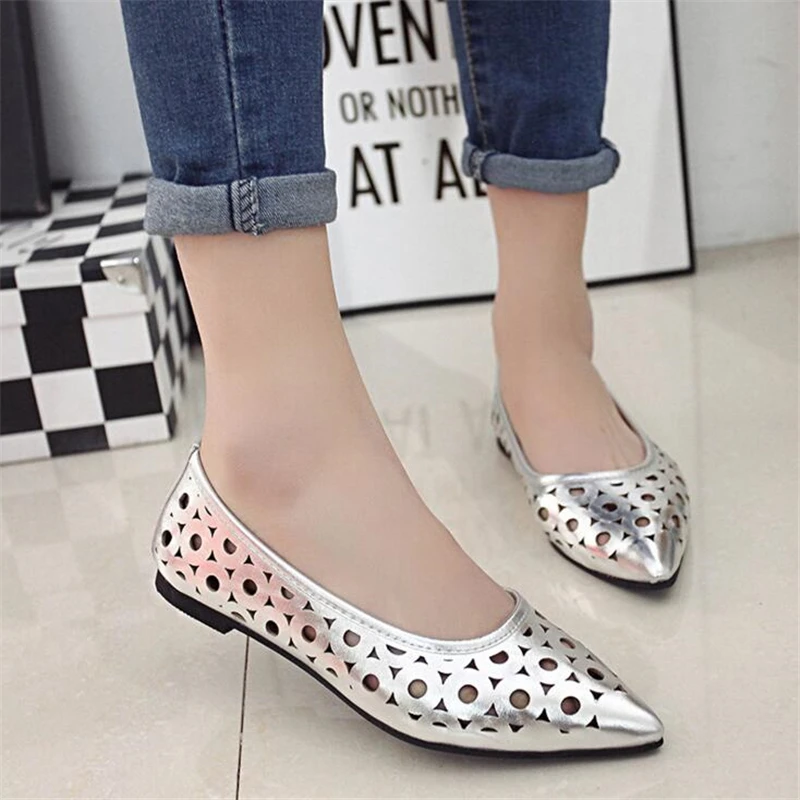 Elegant Flat Shoes Women Casual Hollow Out Point Toe Shoes Woman Fashion Patent Leather Shoes Ladies Summer Spring Shoes