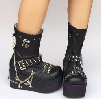 Princess sweet punk shoes loliloli yoyo Japanese design custom large-size black genuine leather buckle strap mid-calf boots 4110