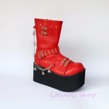 Princess sweet punk shoes loliloli yoyo Japanese design custom large-size bright red PU buckle strap mid-calf boots 4110