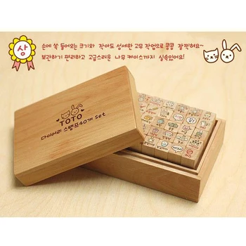 Cartoon Rabbit DIY Wood Stamp Blocks Children Toys Gifts Art LOGO Stamp Wood Box Packaging 40pcs SK762