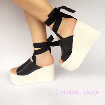 Princess sweet lolita shoes loliloli yoyo Japanese design custom large-size black genuine leather lace-up platform sandals 7516