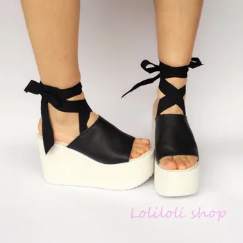 Princess sweet lolita shoes loliloli yoyo Japanese design custom large-size black genuine leather lace-up platform sandals 7516