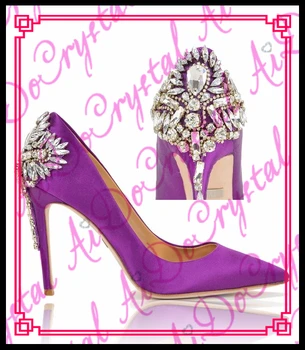 Aidocrystal Women Pumps Pointed Toe High Heels Bridal Purple Satin Rhinestone Shoes