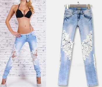 Winter woman's fashion low waist sexy retro lace hollow out skinny jeans Floral spliced pencil pants plus size