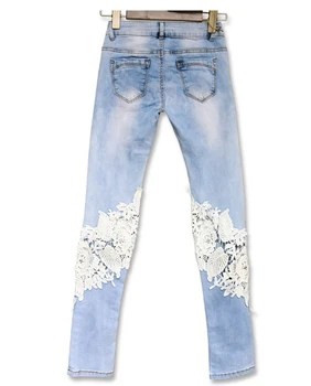 Winter woman's fashion low waist sexy retro lace hollow out skinny jeans Floral spliced pencil pants plus size