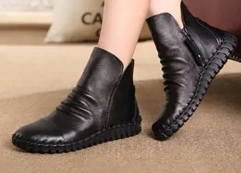 Genuine Leather Short Boots Plus Velet Winter Women's Shoes Cowhide Handmade Sewing Lazy Shoes Maternity Shoes Flat Boots
