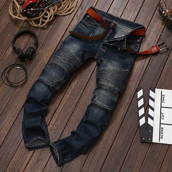 New 2016 Autumn dark blue motorcycle denim biker jeans fiit for men jeans masculino de marca plus size 28-38 m75