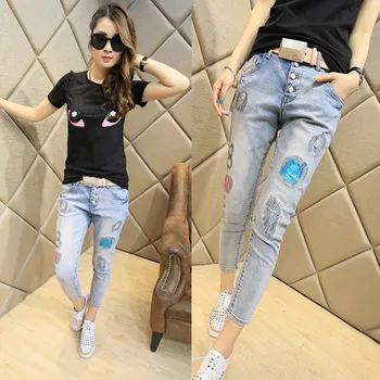 2016 summer new Korean fashion leisure stamp hole slim pants nine feet Haren jeans female